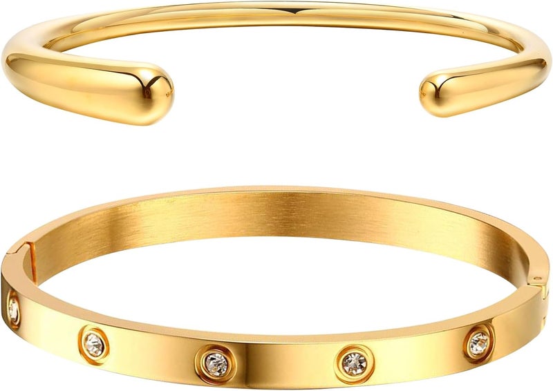 MPRAINBOW Gold Bracelets for Women, 2Pcs 18K Gold Plated Cubic Zirconia Bangle Crystal Friendship Bracelet Jewelry,Wedding Party Christmas Birthday Gifts for Her Girlfriend Sister Daughter - Image 1